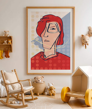 Abstract portrait with red hair and dotted background