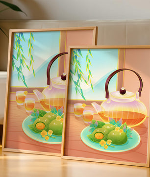 Tea set with green treats and bamboo leaves in serene setting