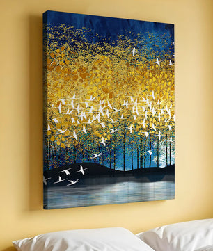Vibrant Forest Landscape with Birds and Golden Leaves