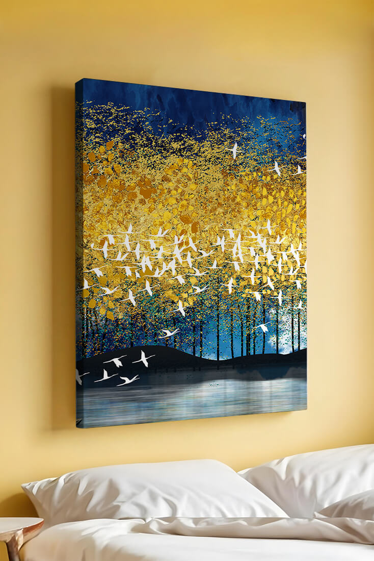 Vibrant Forest Landscape with Birds and Golden Leaves