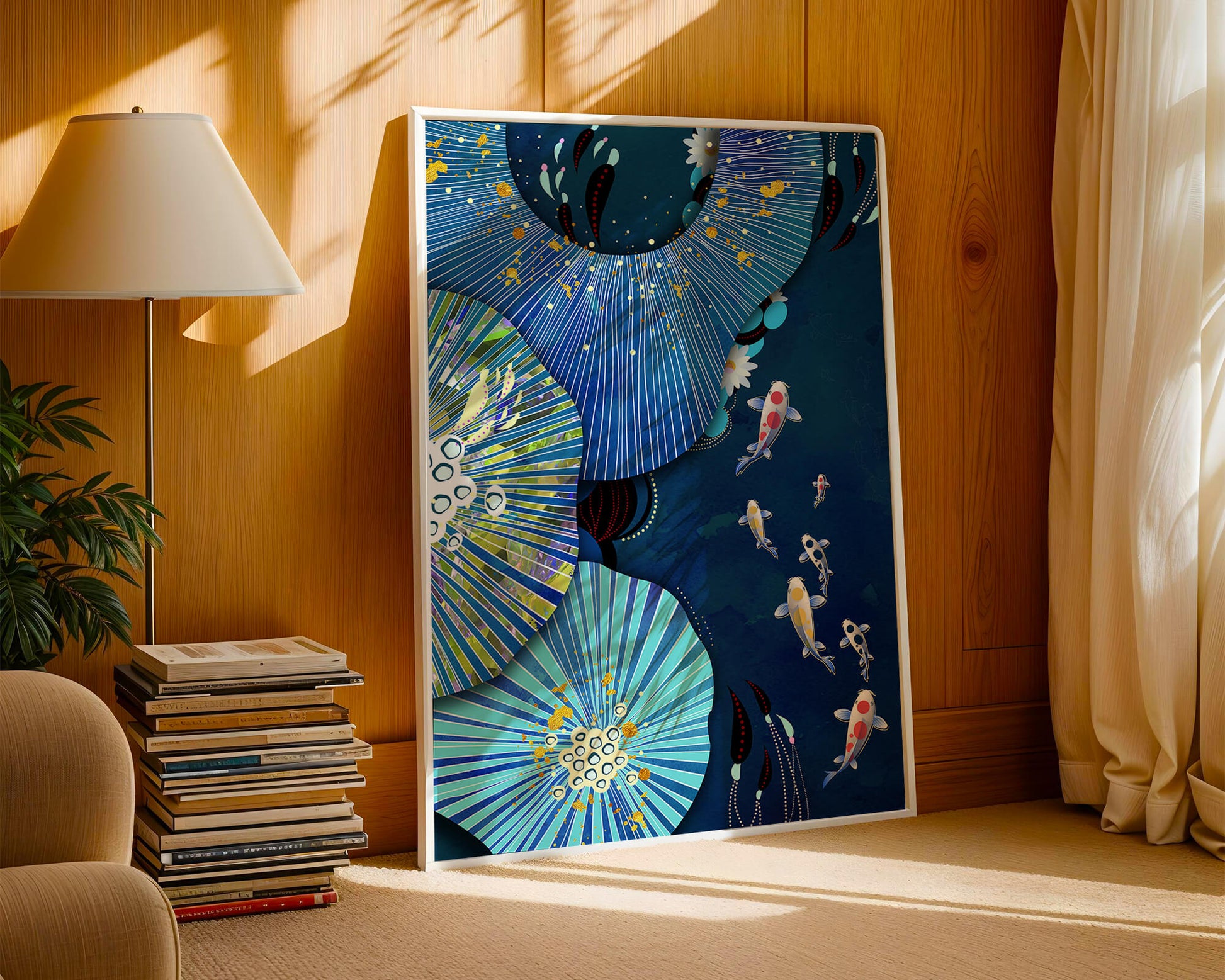 Vibrant underwater scene with koi fish and abstract floral design