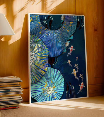 Vibrant underwater scene with koi fish and abstract floral design