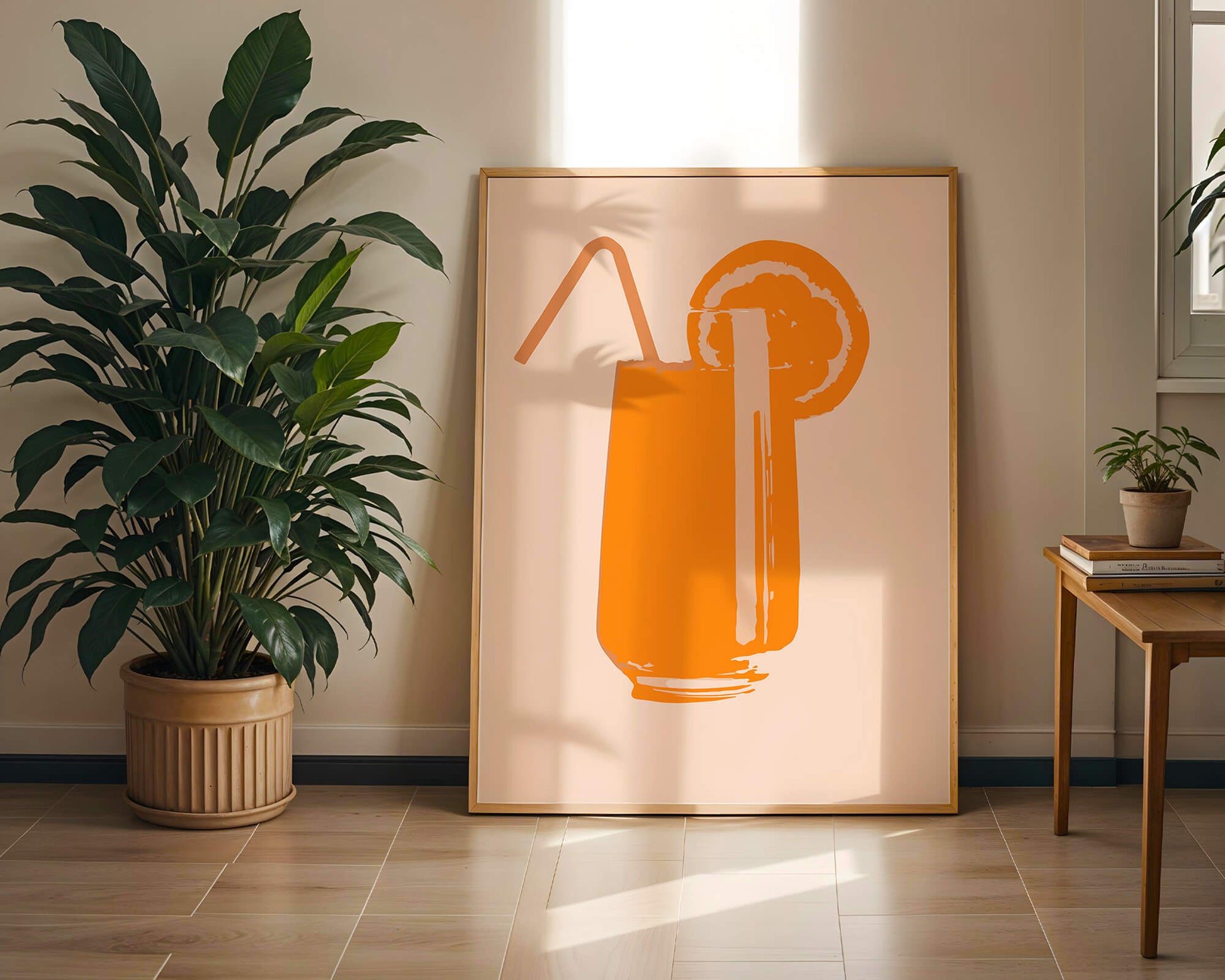 Ilustración de jugo de naranja con pajilla y rodaja de naranja