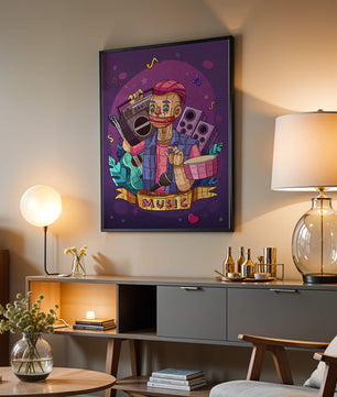 Illustration colorée sur le thème de la musique avec un personnage et des instruments