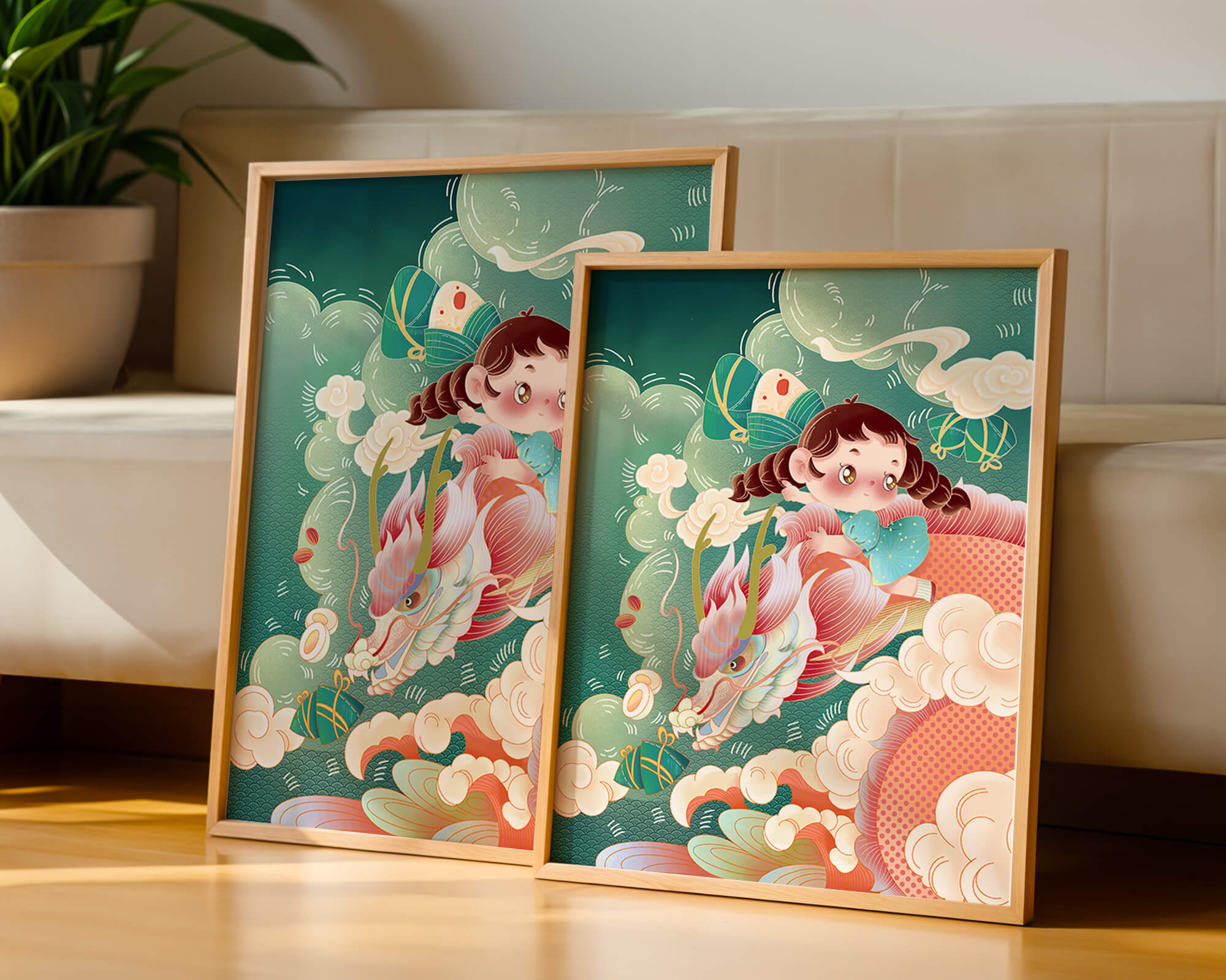 Whimsical scene of a girl riding a dragon through clouds