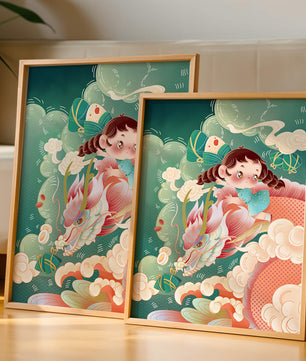 Whimsical scene of a girl riding a dragon through clouds