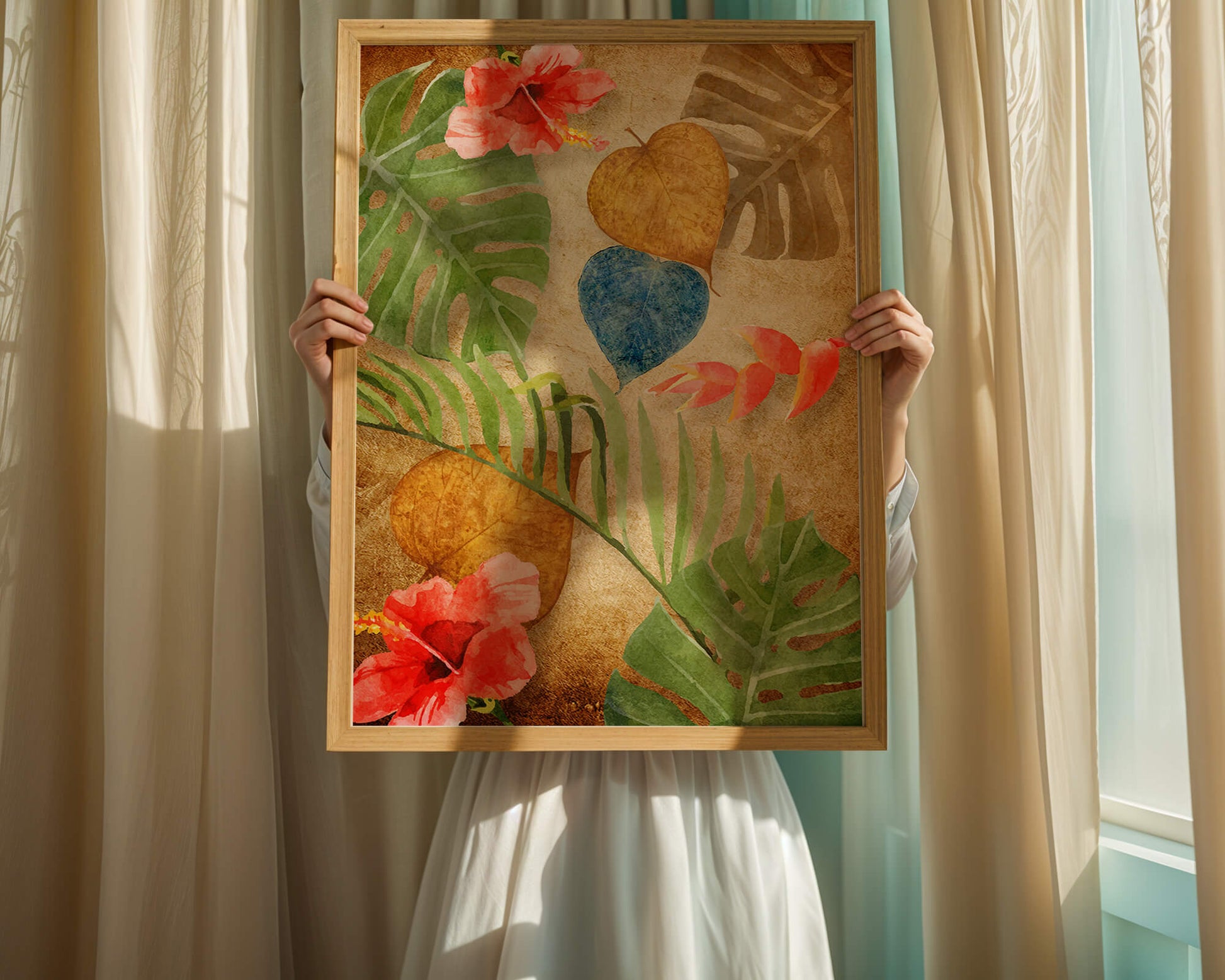 Vibrant tropical leaves and flowers watercolor design