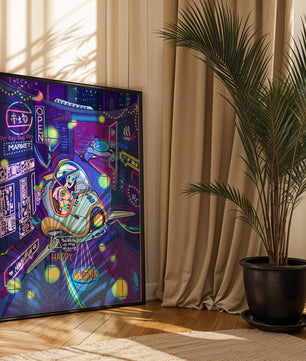 Paisaje urbano futurista con luces de neón y un vehículo volador