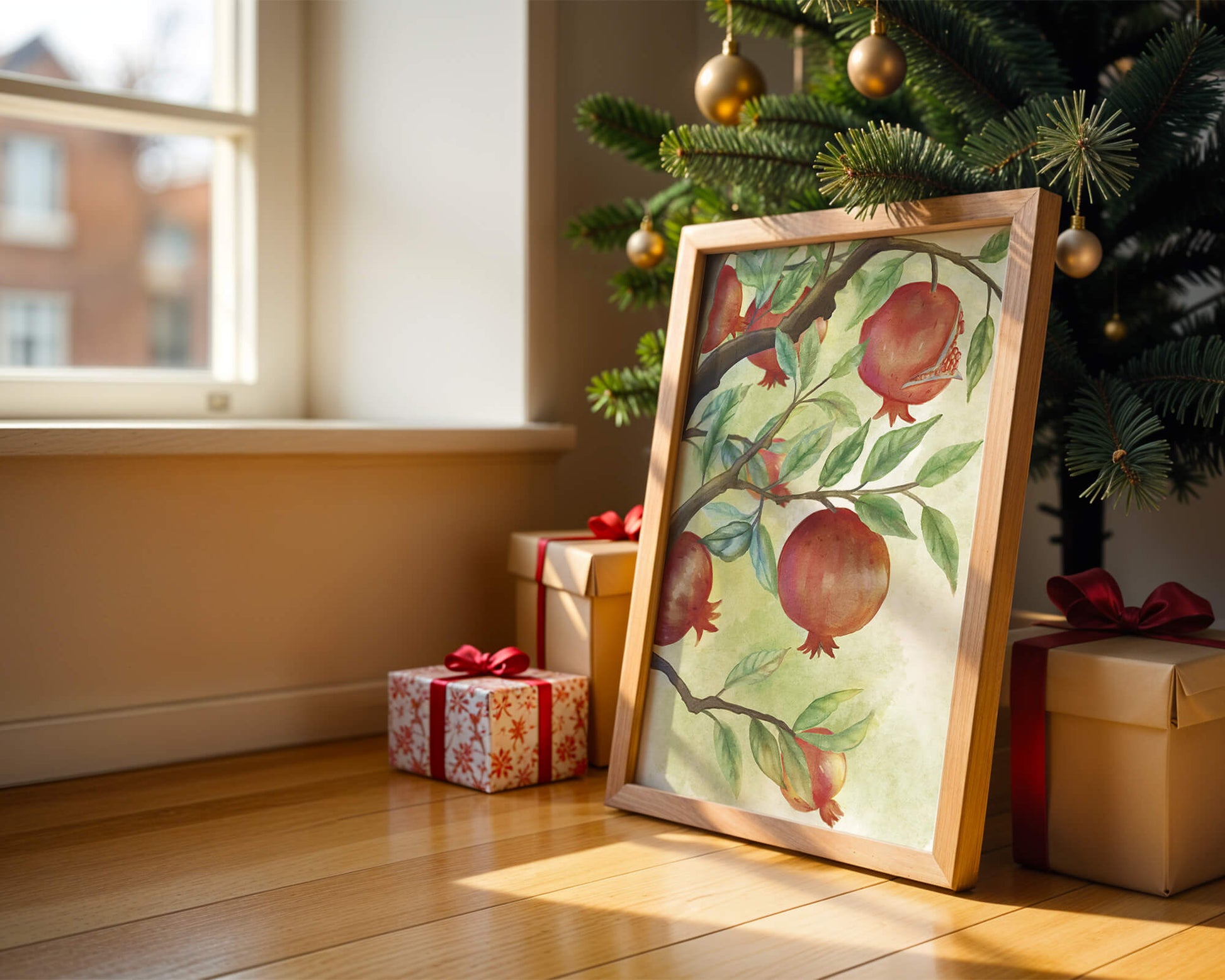 Watercolor illustration of pomegranates on a branch with leaves
