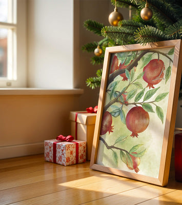 Watercolor illustration of pomegranates on a branch with leaves