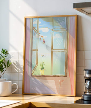Tranquil open window with floral view and gentle sunlight