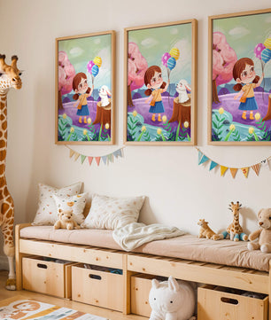 Charming Landscape with Girl Holding Balloons and White Bunny in Enchanted Forest