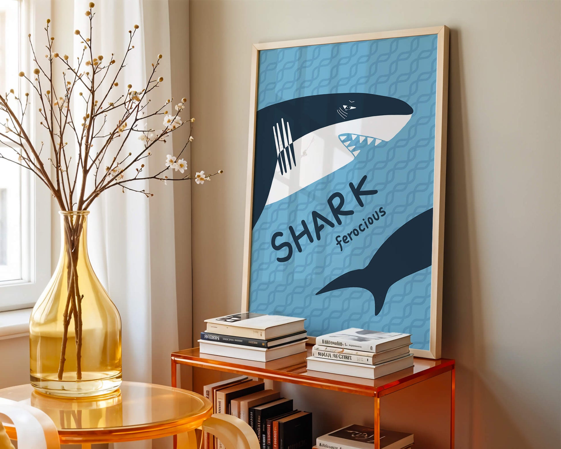 Illustrated shark graphic with blue background and typography
