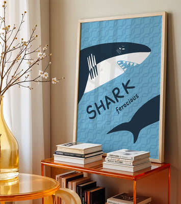 Illustrated shark graphic with blue background and typography