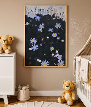 Field Of Blue And White Daisies On A Dark Background