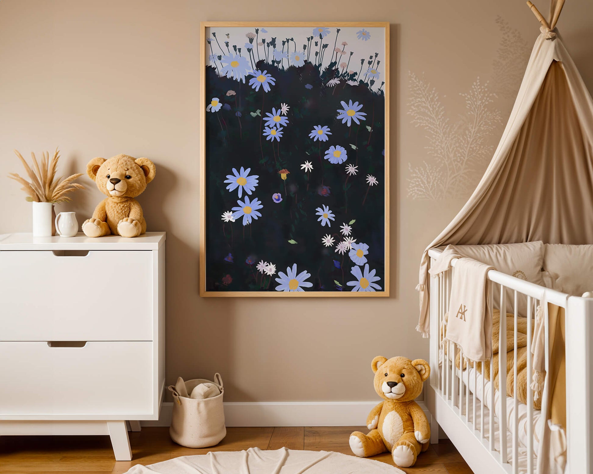 Field Of Blue And White Daisies On A Dark Background