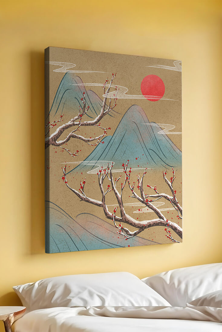 Tranquil landscape with cherry blossom and red sun