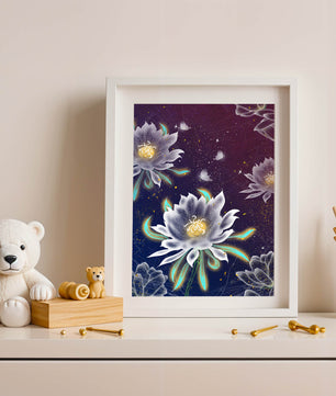 Floral Fantasy with Glowing Elements and Butterflies in Night Sky