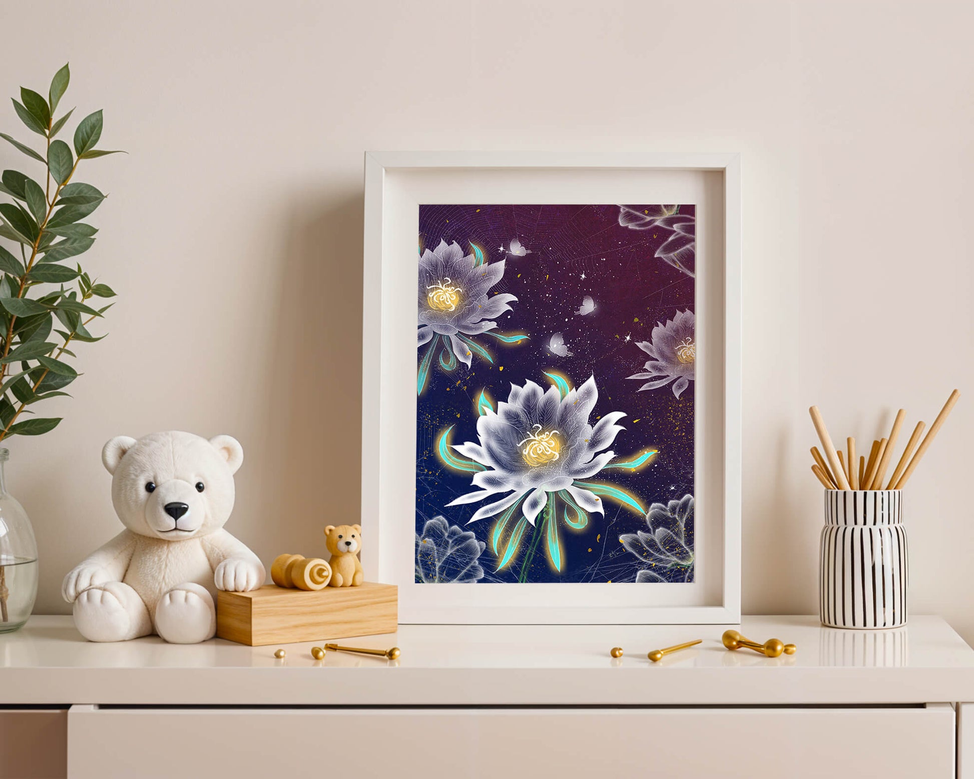 Floral Fantasy with Glowing Elements and Butterflies in Night Sky