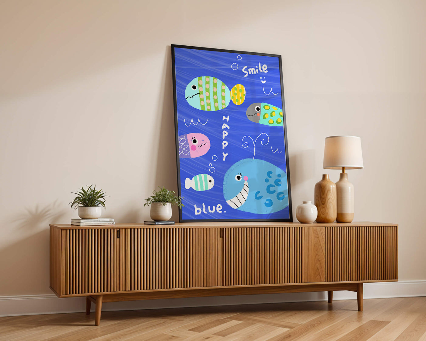 Colorful underwater scene with smiling cartoon fish