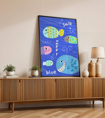 Colorful underwater scene with smiling cartoon fish