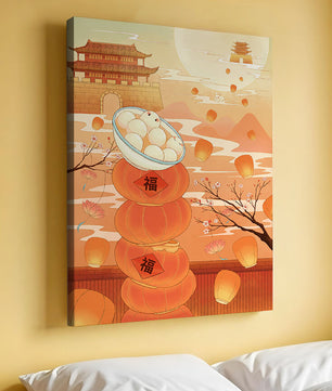 Scène de festival traditionnel chinois avec des lanternes et des raviolis