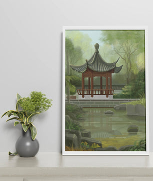 Tranquil Asian garden scene with traditional pagoda and serene pond