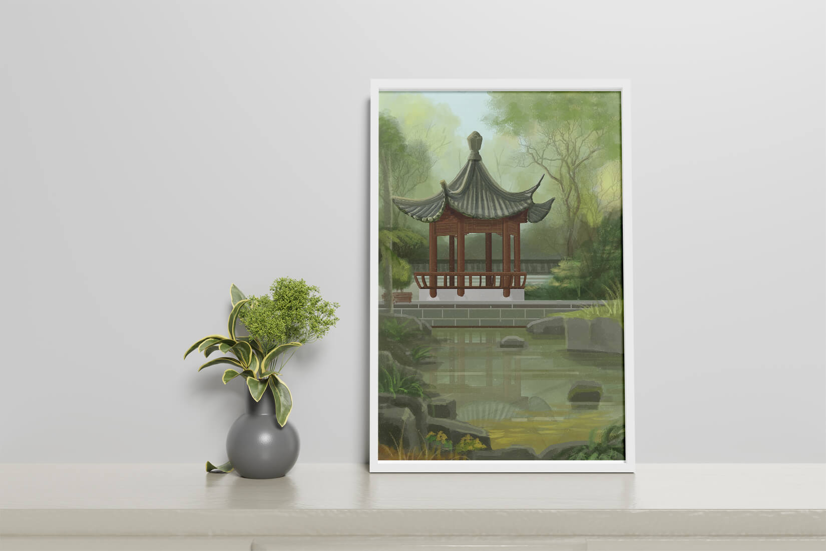 Tranquil Asian garden scene with traditional pagoda and serene pond