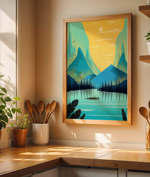 Serene lake landscape with mountains and sunset