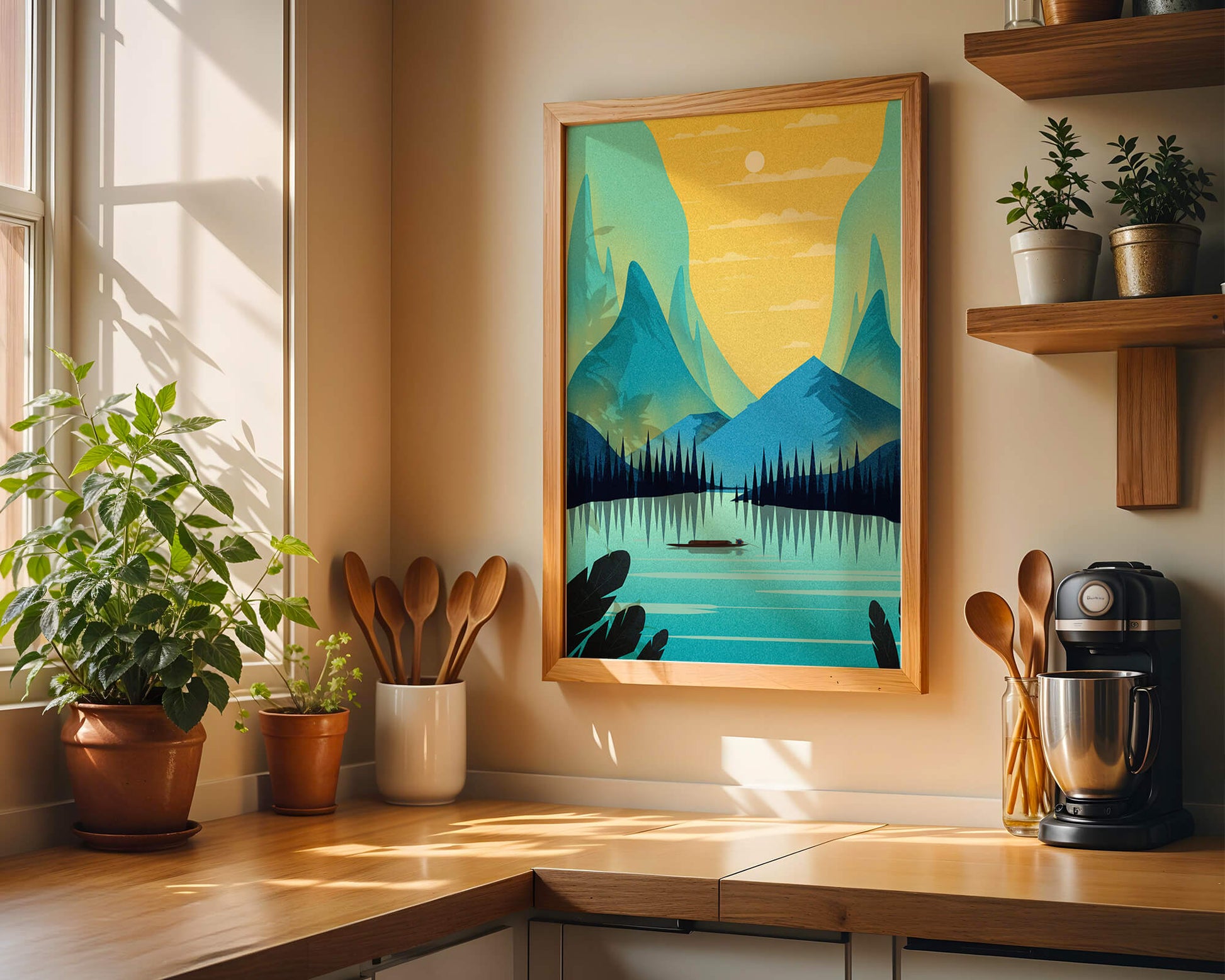 Serene lake landscape with mountains and sunset