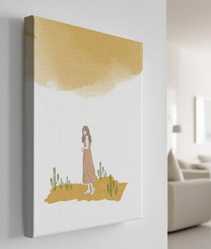 Fille en robe rose debout parmi des cactus sous un ciel aquarelle
