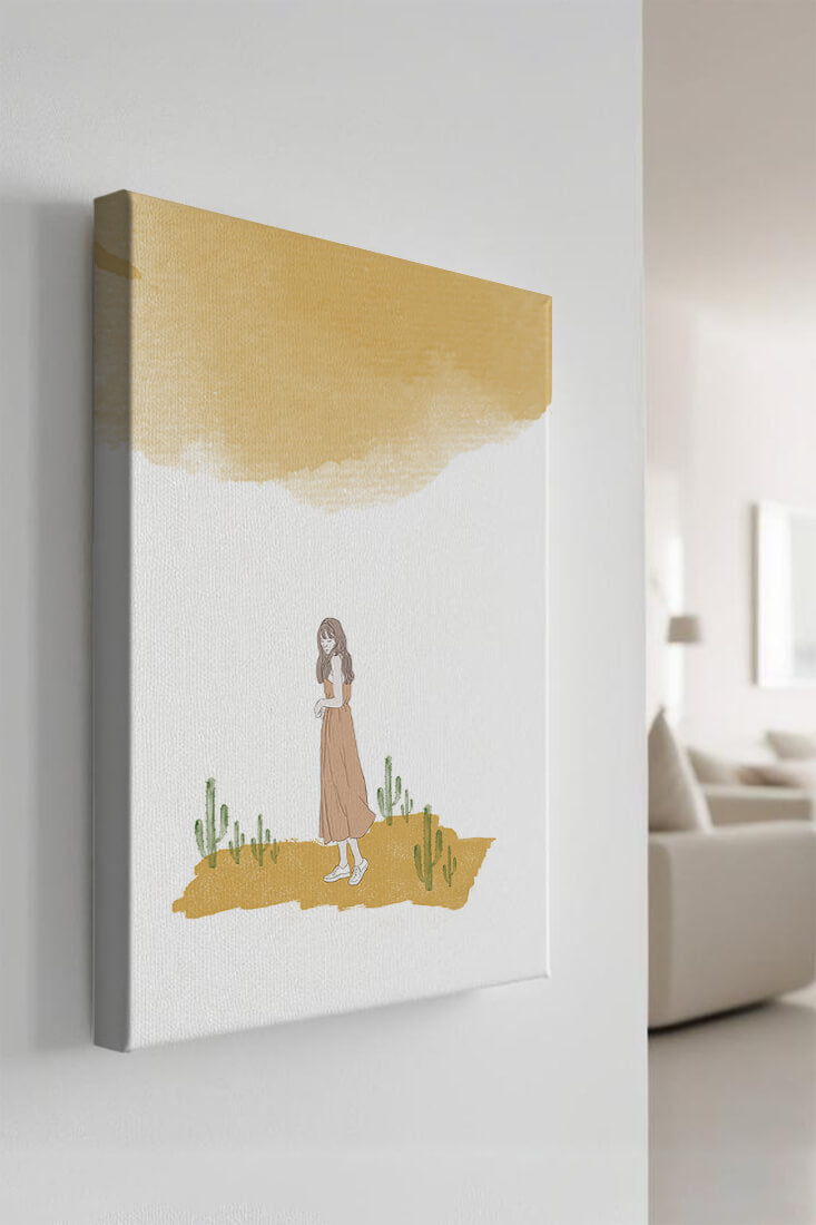 Fille en robe rose debout parmi des cactus sous un ciel aquarelle