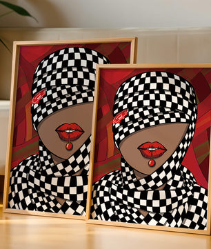 Abstract Art of Woman with Checkered Pattern and Red Lips - Mi tienda