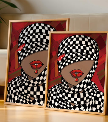 Abstract Art of Woman with Checkered Pattern and Red Lips