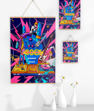 Ilustración temática vibrante de música rock con instrumentos y artistas