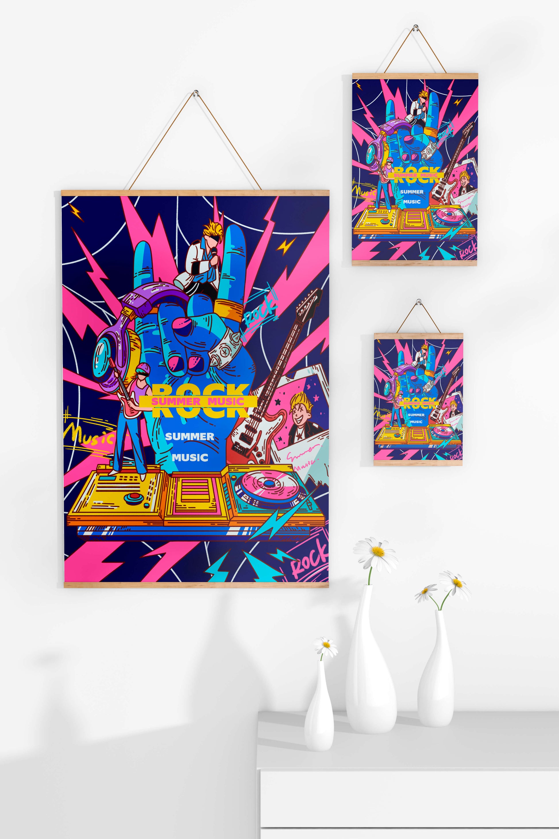 Ilustración temática vibrante de música rock con instrumentos y artistas