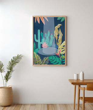 Ilustración botánica colorida con cactus y hojas tropicales