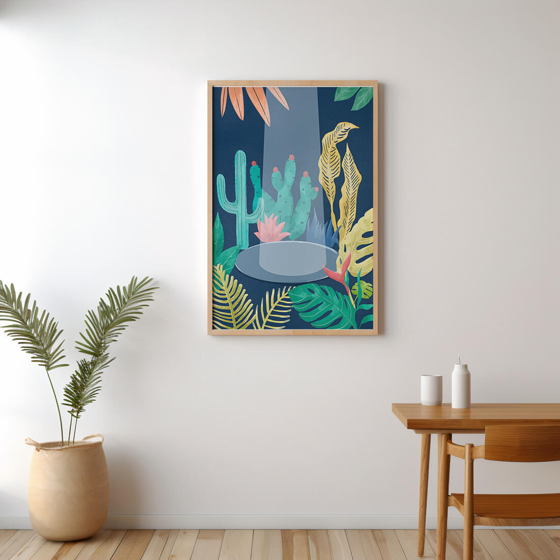 Colorful botanical illustration featuring cacti and tropical leaves