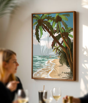 Tranquil Beach Scene with Palm Trees and Sailboats