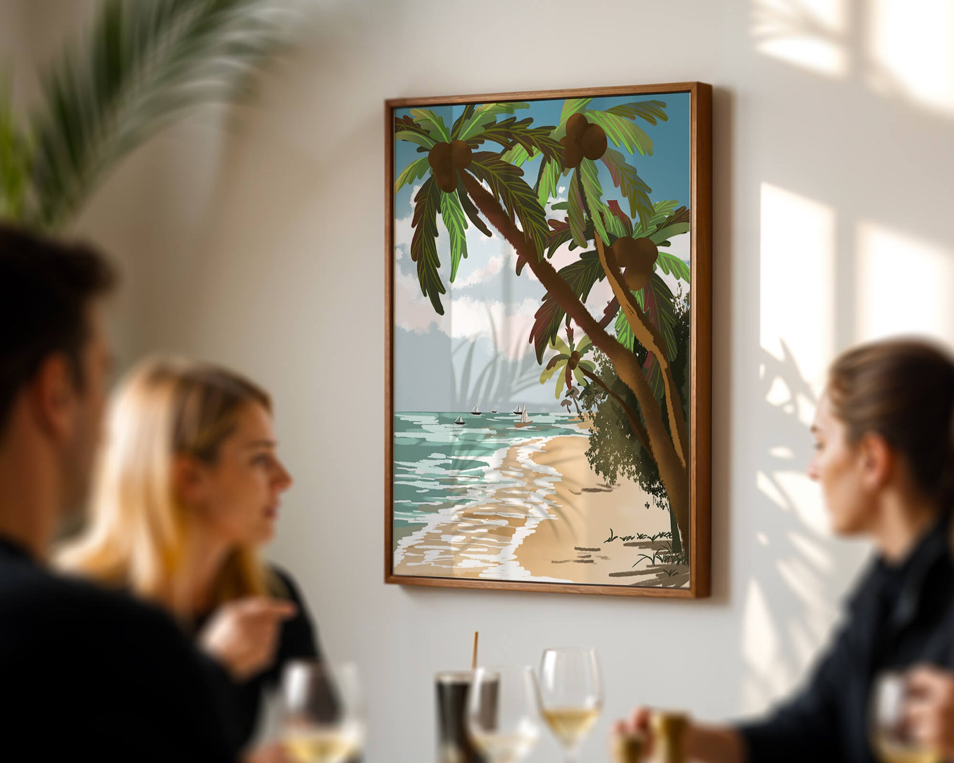 Tranquil Beach Scene with Palm Trees and Sailboats
