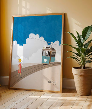 Urban scene with tram and pedestrian under a blue sky