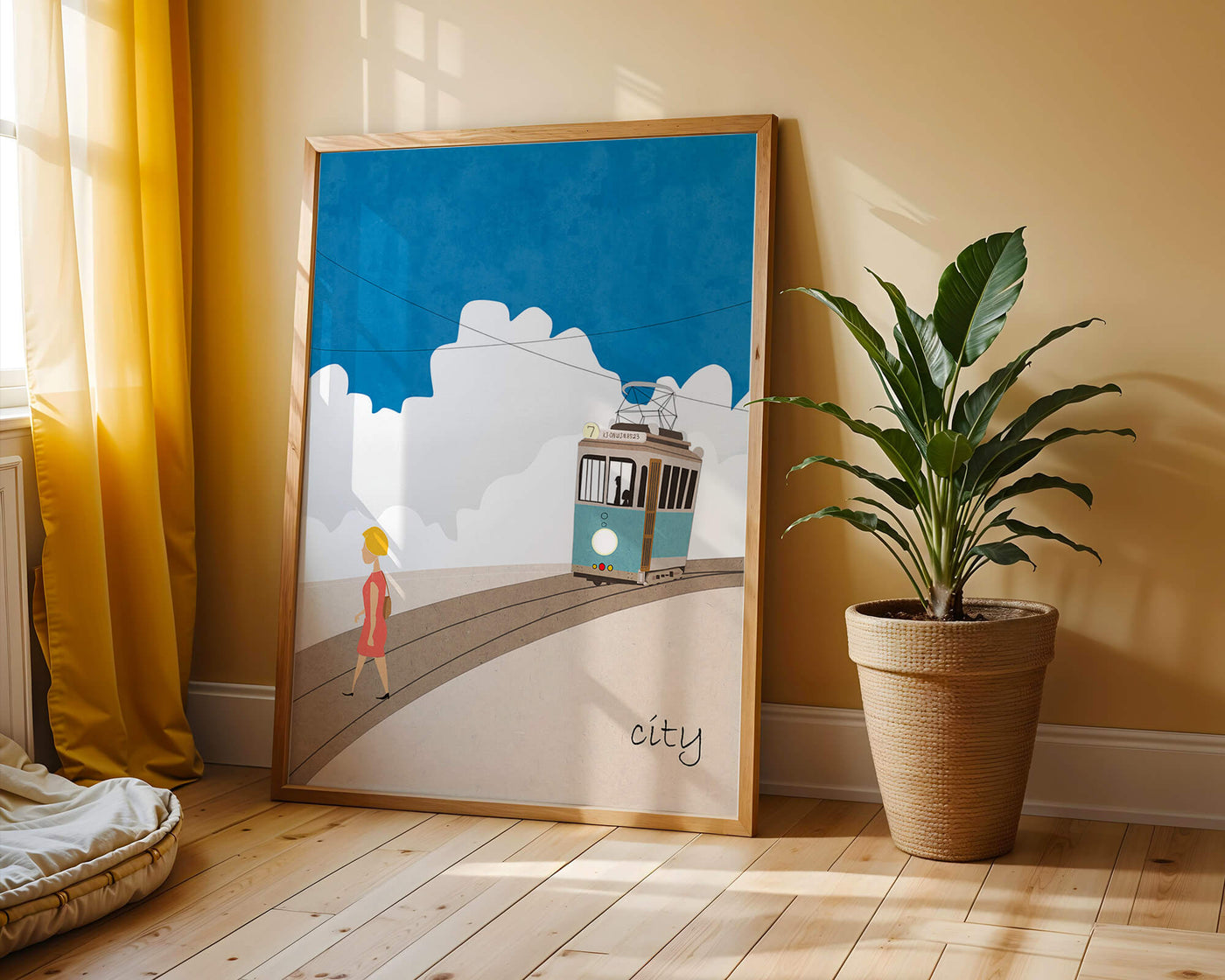 Urban scene with tram and pedestrian under a blue sky