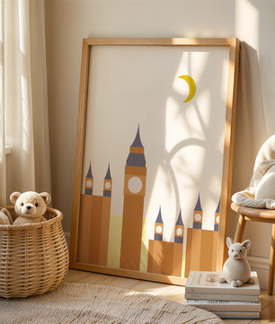 Ilustración minimalista de un icónico reloj con luna creciente