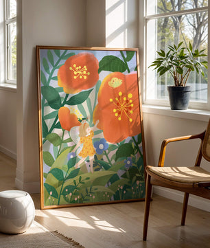 Whimsical illustration of a fairy child in a vibrant floral landscape