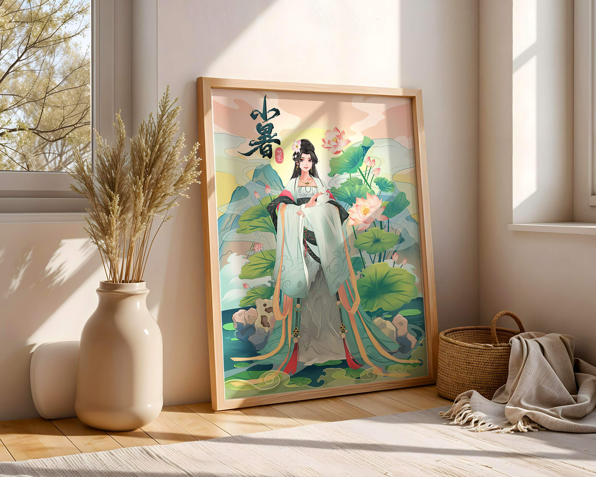 Elegant woman in traditional attire with lotus flowers and serene backdrop