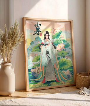 Elegant woman in traditional attire with lotus flowers and serene backdrop