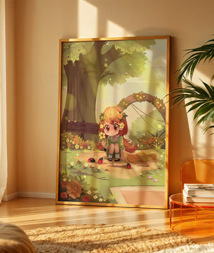 Charming anime-style scene with young girl, flowers, and nature background