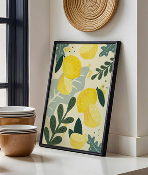 Composición ilustrativa de limones y hojas con colores vibrantes