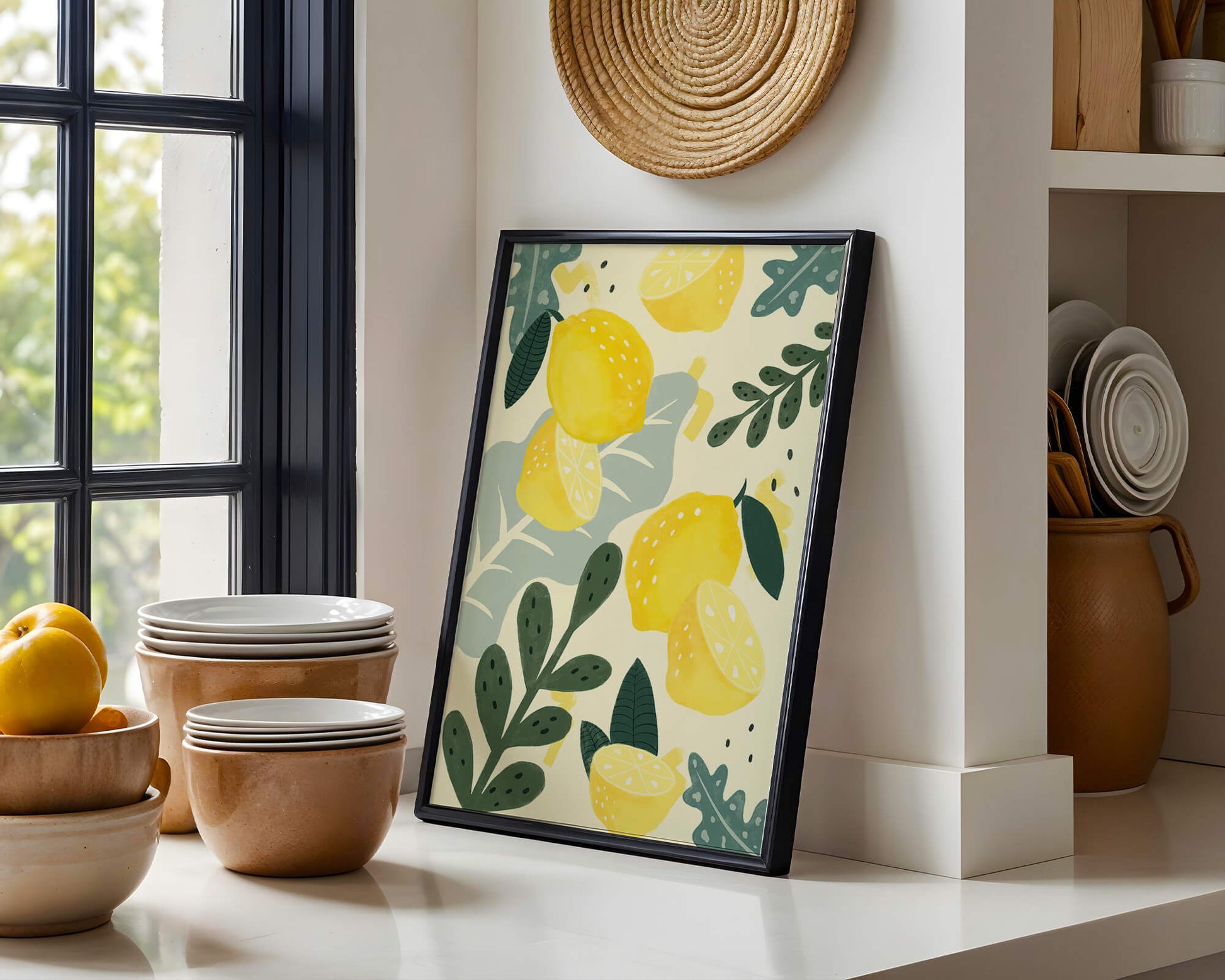Composición ilustrativa de limones y hojas con colores vibrantes