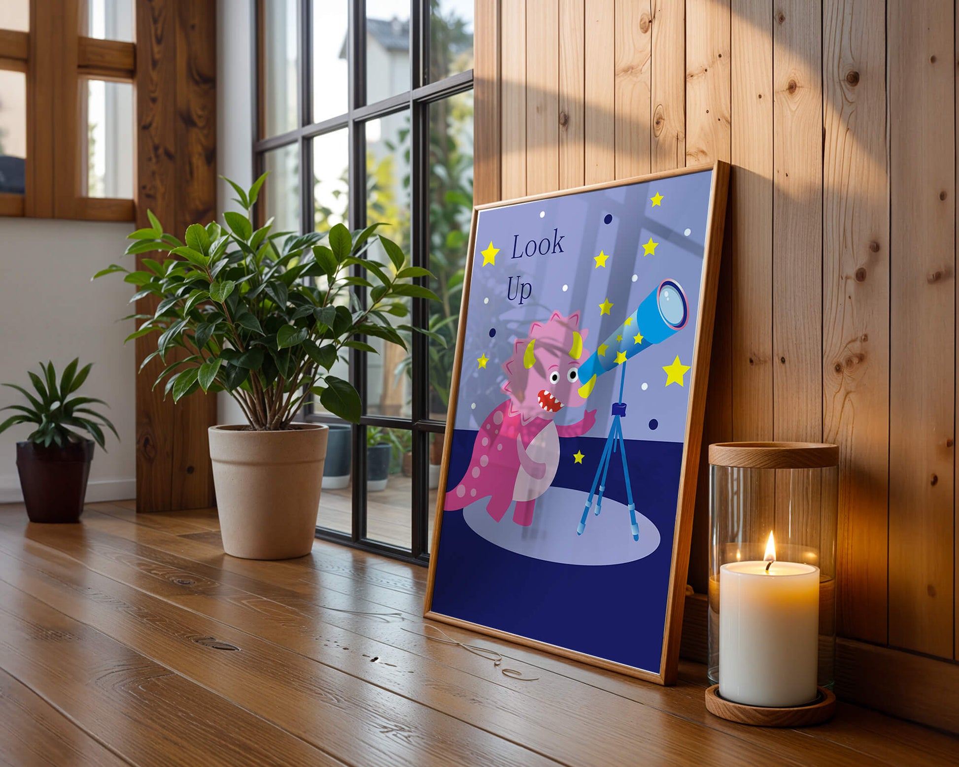 Pink cartoon dinosaur looking through a telescope with stars